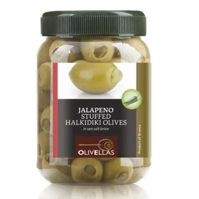 Оливки зелені Olivellas green фарш. корнішонами 370 мл скло (Греція, Халкідіки, ТМ Olivellas)