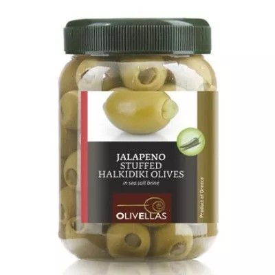 Оливки зелені Olivellas green фарш. лимоном 370 мл скло (Греція, Халкідікі, ТМ Olivellas)
